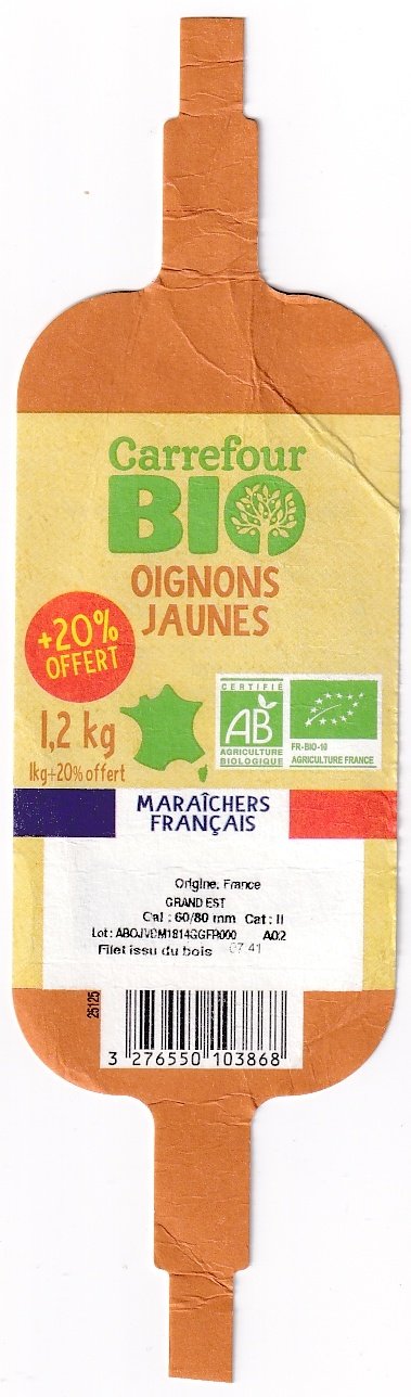 Carrefour bio oignons jaunes maraichers français + 20 % offert 3276550103868