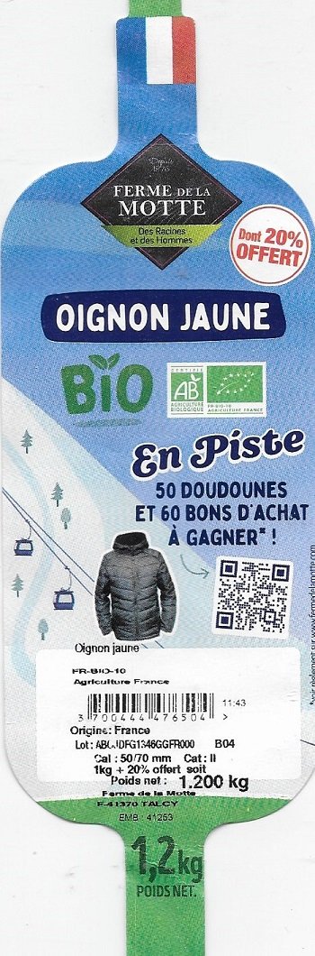 Oignon jaune ferme de la motte bio en piste 3700444476504 origine france 1,2kg