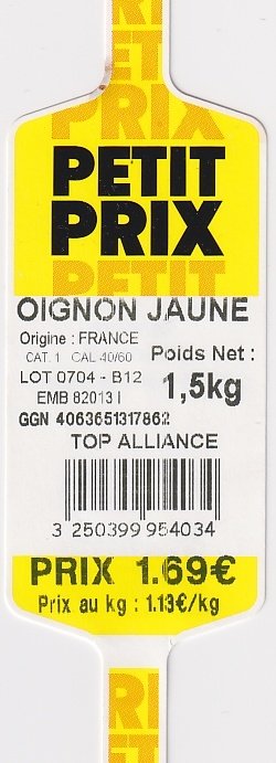 Petit prix oignons jaunes origine france 1.69 € 1.5kg 3250399954034