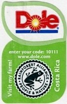 Dole enter your code : 10111 www.dole.com visit my farm! costa rica rainforest alliance people & nature