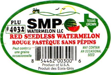 smp watermelon llc plu #4032 red seedless watermelon rouge pasteque sans pepins texas grown 854462003006 product of usa