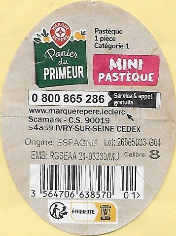 Panier primeur pasteque mini www.marquerpere .leclerc origine espagne calibre 8 356470663857001