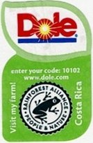 Dole enter your code : 10102 www.dole.com visit my farm! costa rica rainforest alliance people & nature