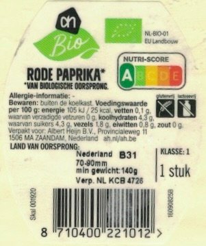 AH bio rode paprika van biologische oorsprong land van oorsprong: nederland 8710400221012