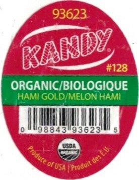 Kandy 93623 #128 organic biologique hami gold melon hami 098843936235 usda organic produce of usa produit des e.u.