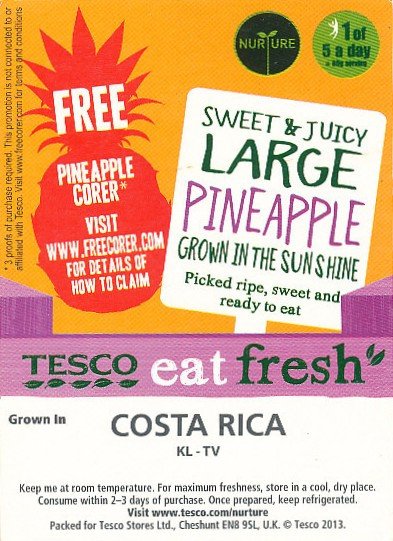 Tesco eat fresh nurture sweet & juicy large pineapple grown in the sunshine costa rica KL-TV <10069165> free pineapple corer