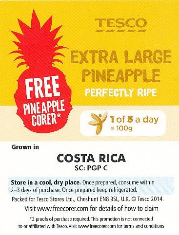 Tesco extra large large pineapple perfectly ripe costa rica <10069165>SC:PGP C free pineapple corer