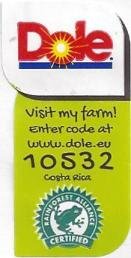 Dole visit my farm! enter code at www.dole.eu 10532 costa rica rainforest alliance certified