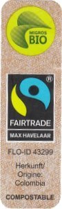 migros bio max havelaar fairtrade flo-id 43299 kerkunft/origine: colombia compostable